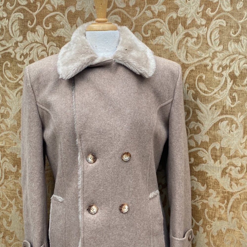 Vintage Laurentian Wool Coat Made in Canada | Faux Fur Collar Pea Coat - Picture 3 of 9